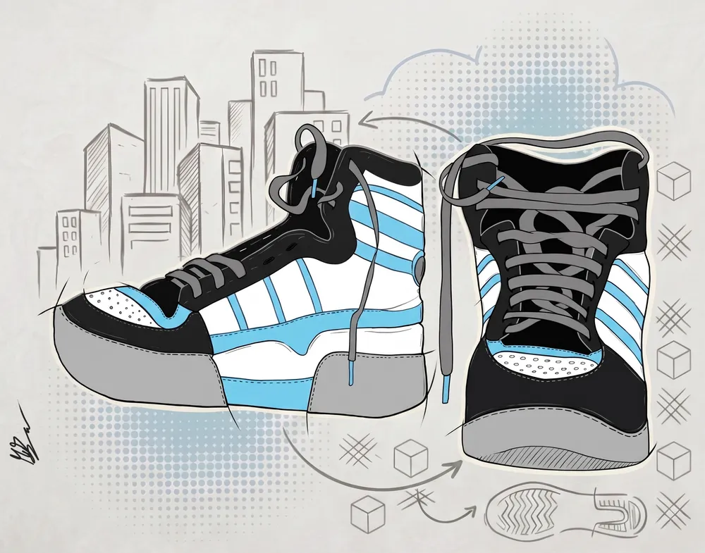 Ilustración vectorial de zapatillas urbanas sobre fondo de ciudad