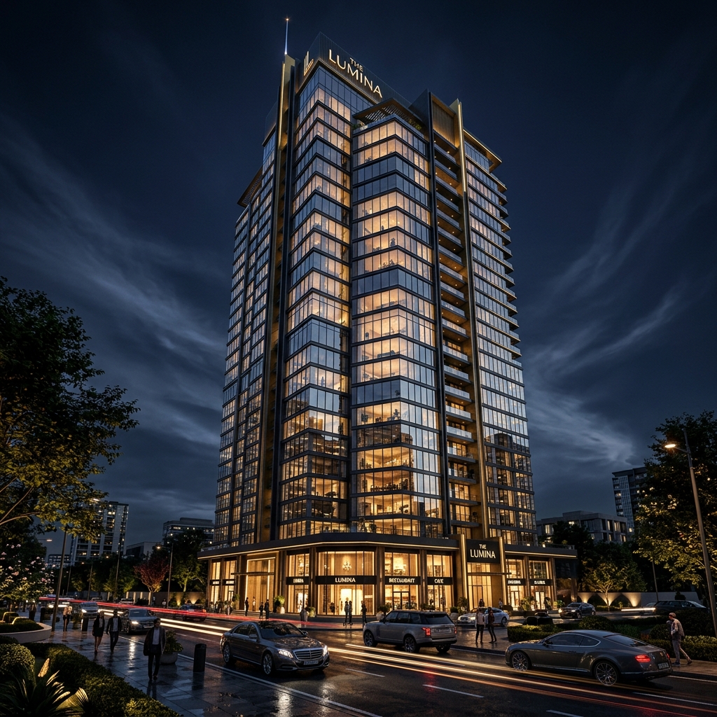Torre residencial nocturna
