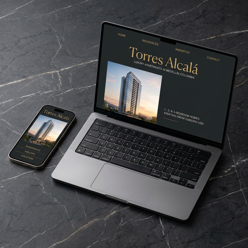 Mockup de landing page inmobiliaria en laptop y móvil