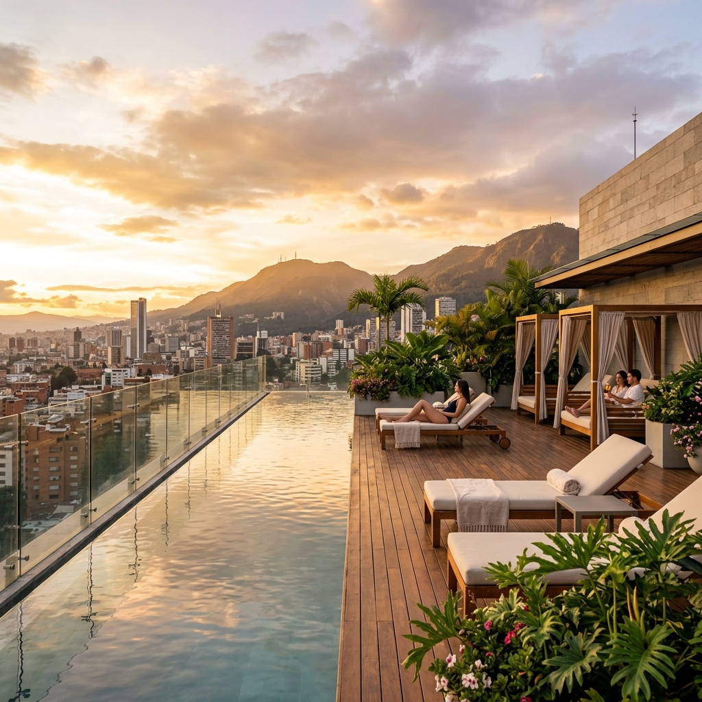 Piscina infinita en terraza con vista a Bogotá