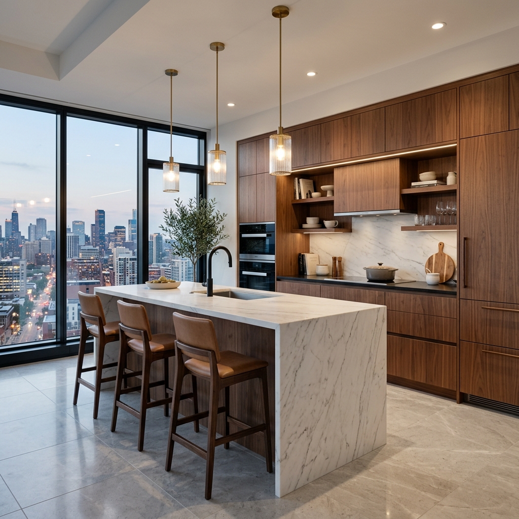 Cocina con isla de mármol y mesón de Silestone