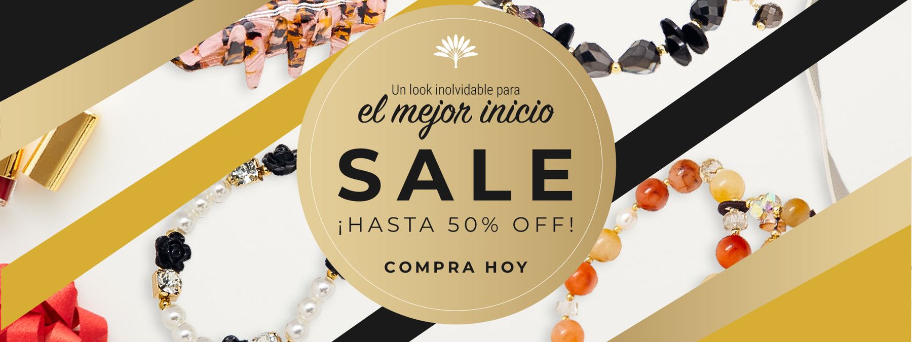 El mejor inicio, hasta 50% off. Misma diagonal dorada, otra entrada.