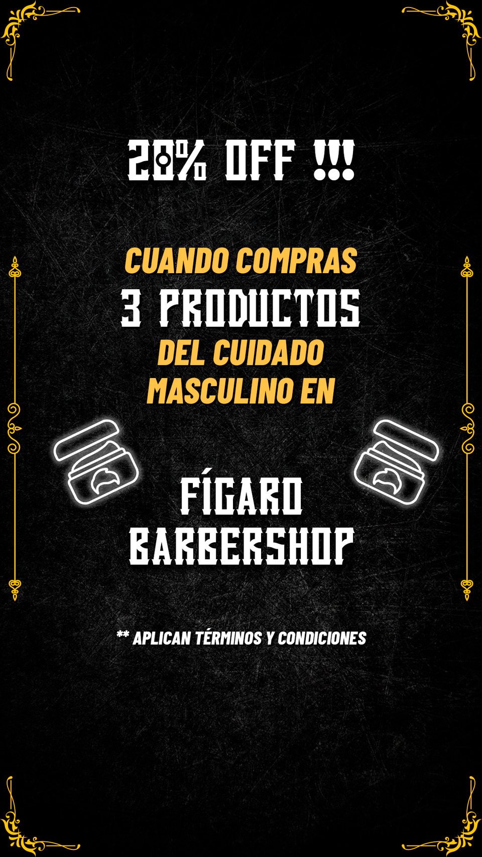 La misma promoción de productos en historia de fondo negro, con los frascos dibujados a línea