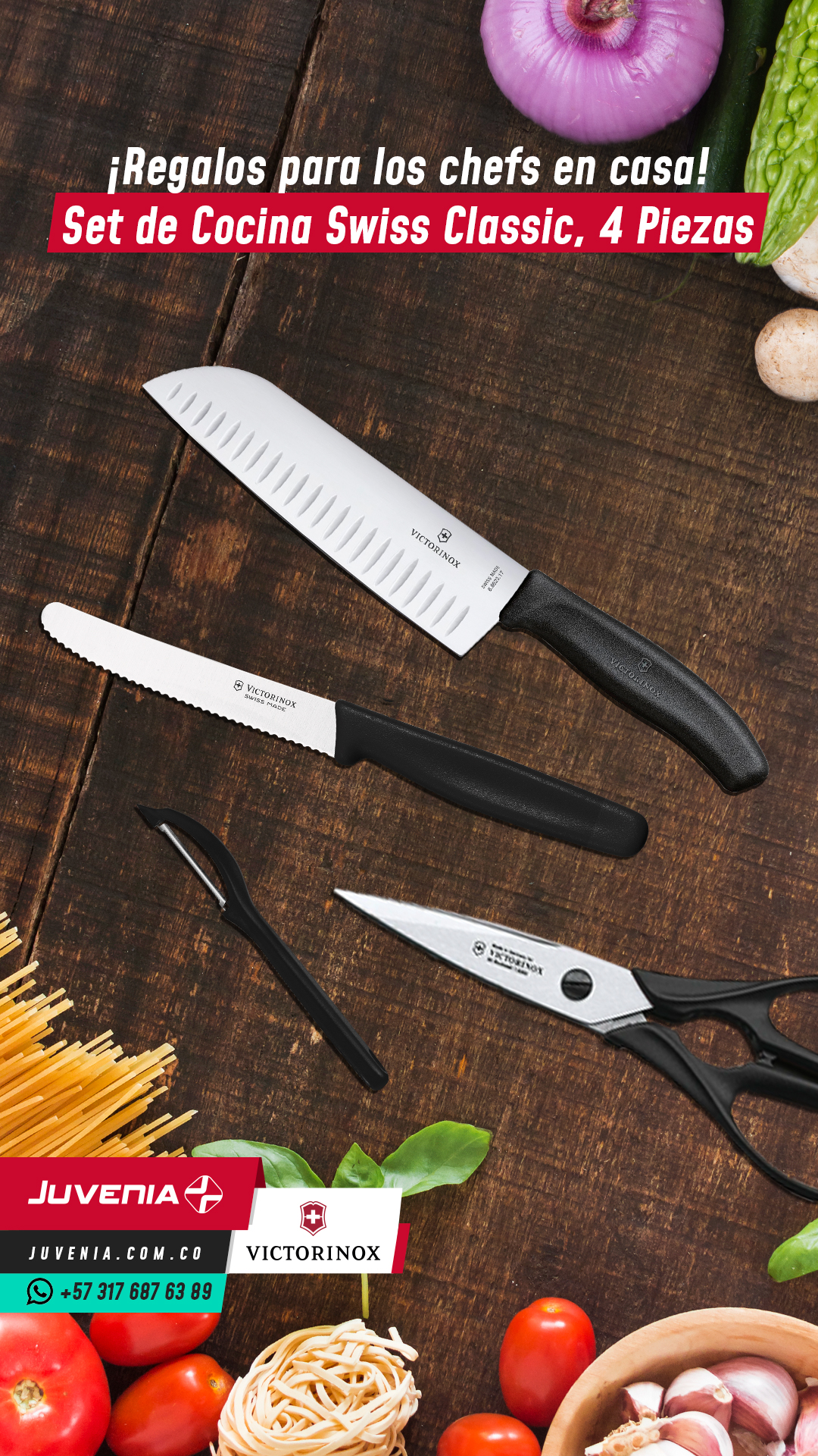 Set de cocina Victorinox de cuatro piezas sobre una mesa de madera