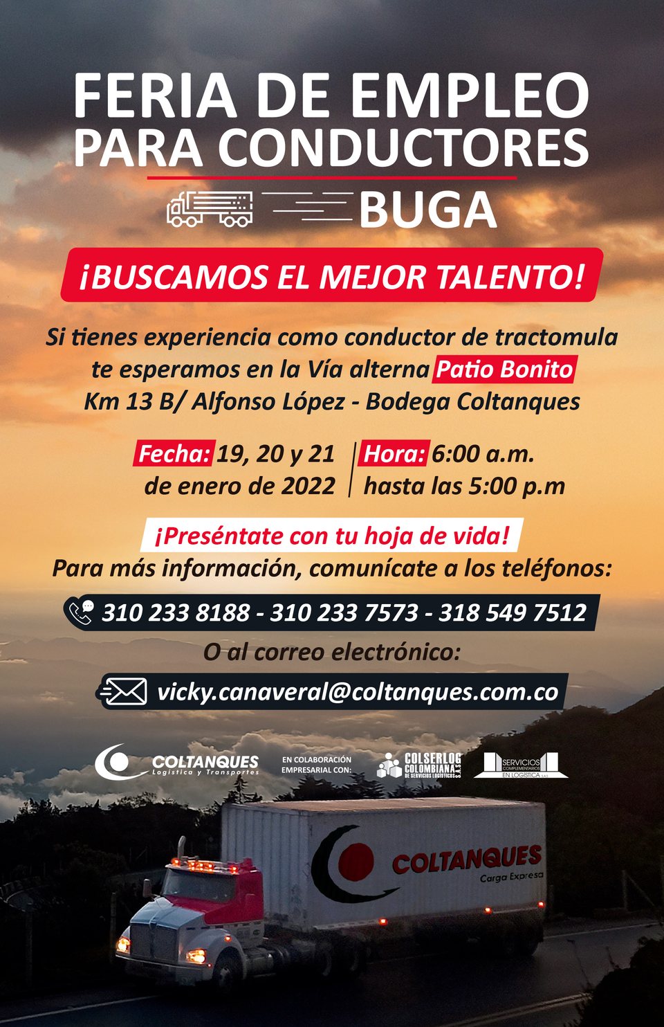 Volante de la feria de empleo para conductores en Buga