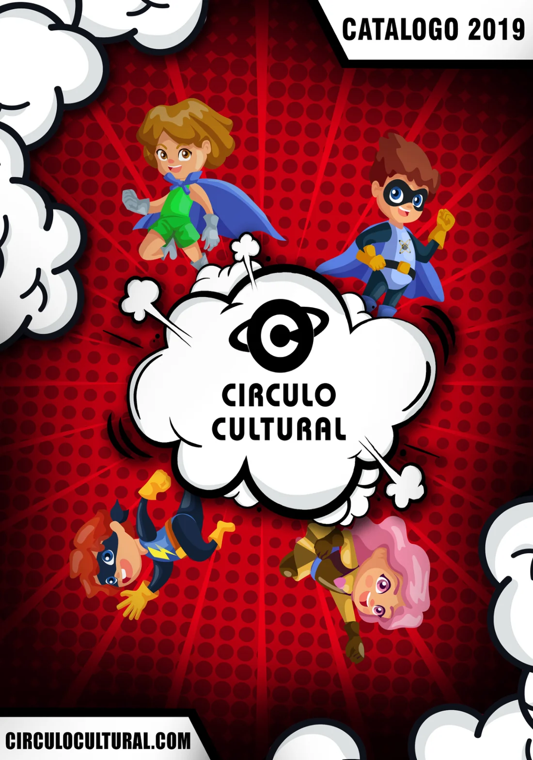 Portada del catálogo infantil 2019 de Círculo Cultural, con ilustraciones de superhéroes sobre fondo rojo