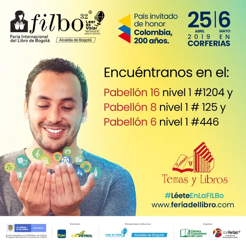 Pieza de la campaña de FILBo con fondo amarillo para Temas y Libros