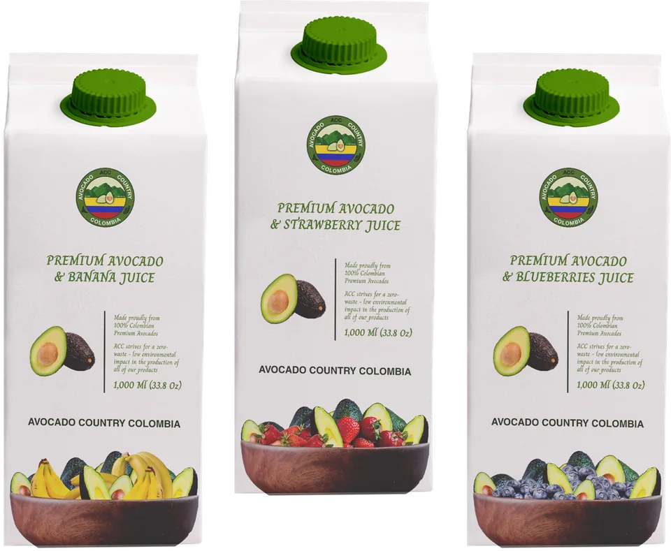 Tres cajas de jugo de un litro juntas: banano, fresa y arándanos, con la misma retícula y distinto bowl de fruta.