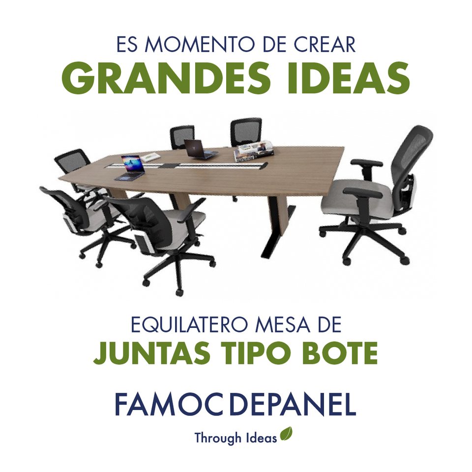 Mesa de juntas equilátero tipo bote, montada para una sala de reuniones