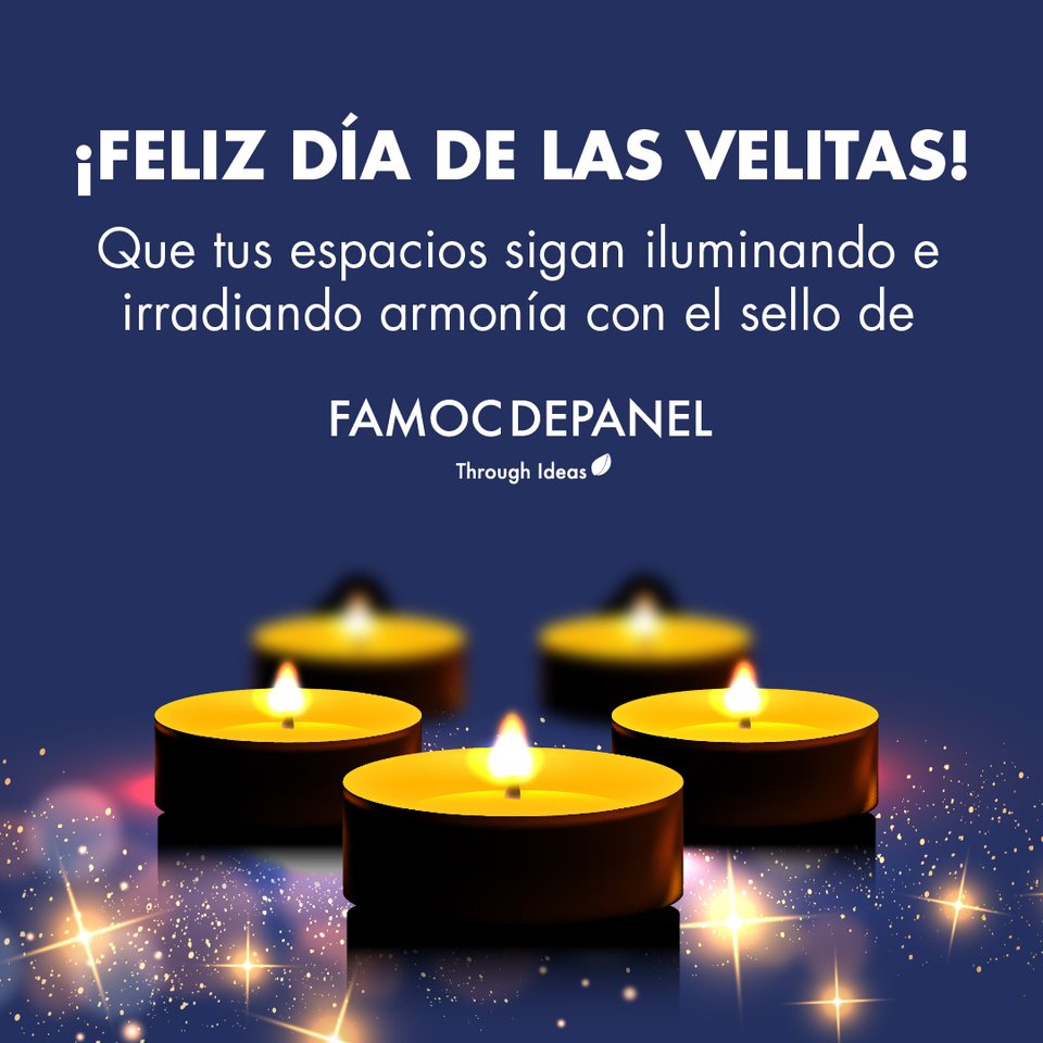 Feliz día de las velitas, con tres velas encendidas sobre fondo azul