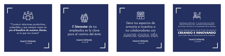 Cuatro piezas del sistema azul marino en fila, con su marco de esquinas, su icono de linea y su frase centrada