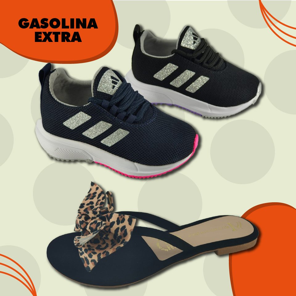 Tenis y sandalia sobre manchas naranjas, con el logotipo en pastilla naranja