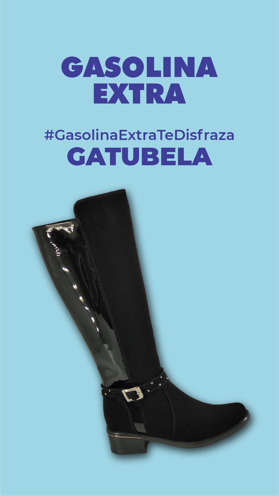 Gatubela: bota alta de charol negro, de la serie Gasolina Extra te disfraza