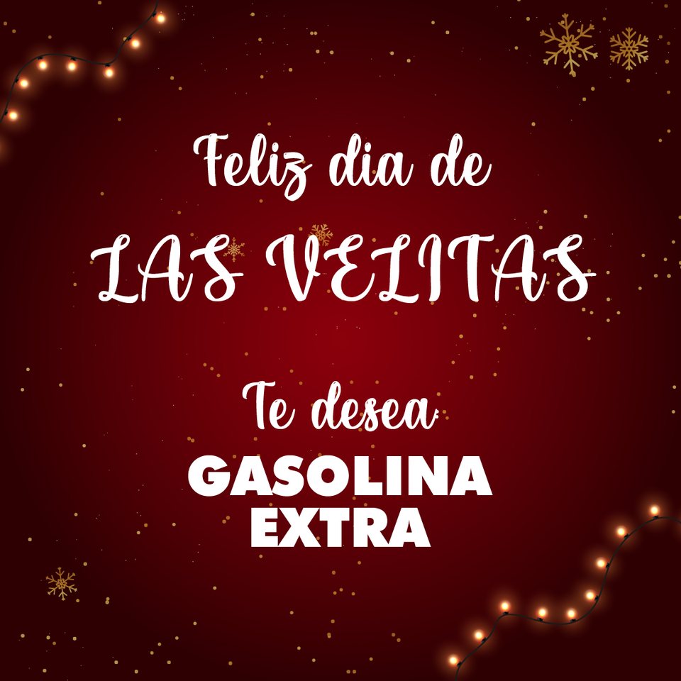 Feliz día de las velitas, en rojo profundo con luces de guirnalda