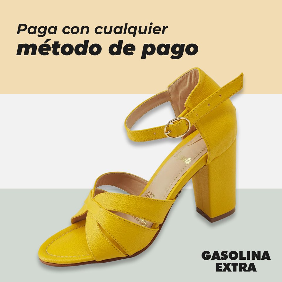 Paga con cualquier método de pago: sandalia amarilla sobre bandas crema y gris