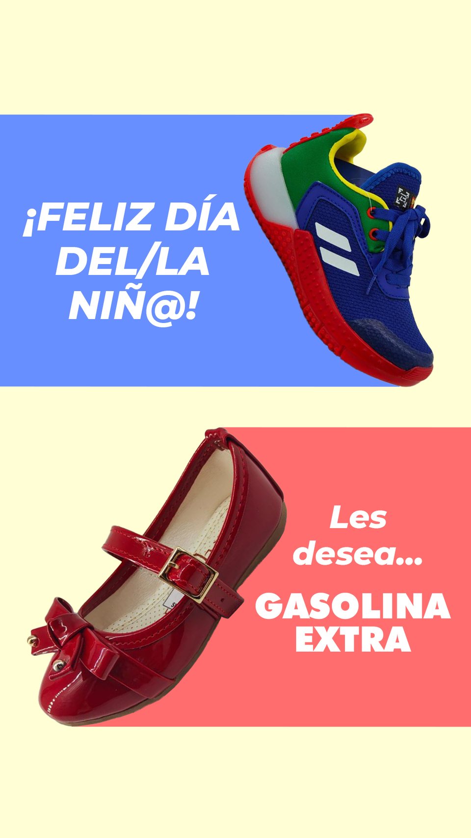 Feliz día del niño: en 9:16 los dos bloques de color se reproporcionan y el titular se parte en tres líneas