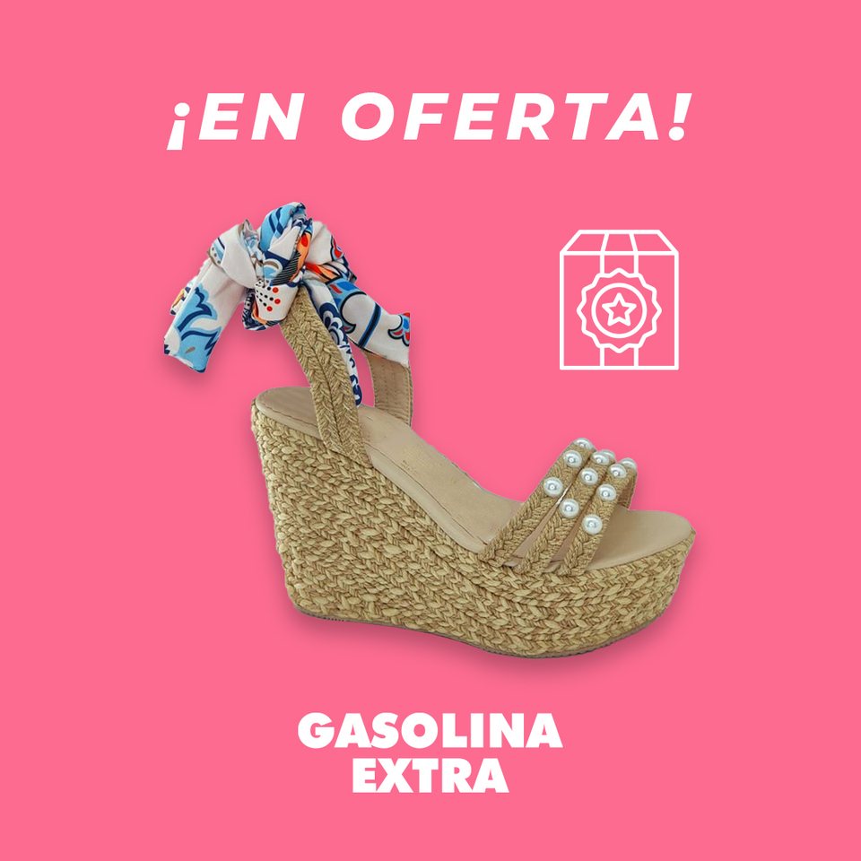 En oferta: sandalia de plataforma de yute sobre rosa, con el icono de etiqueta