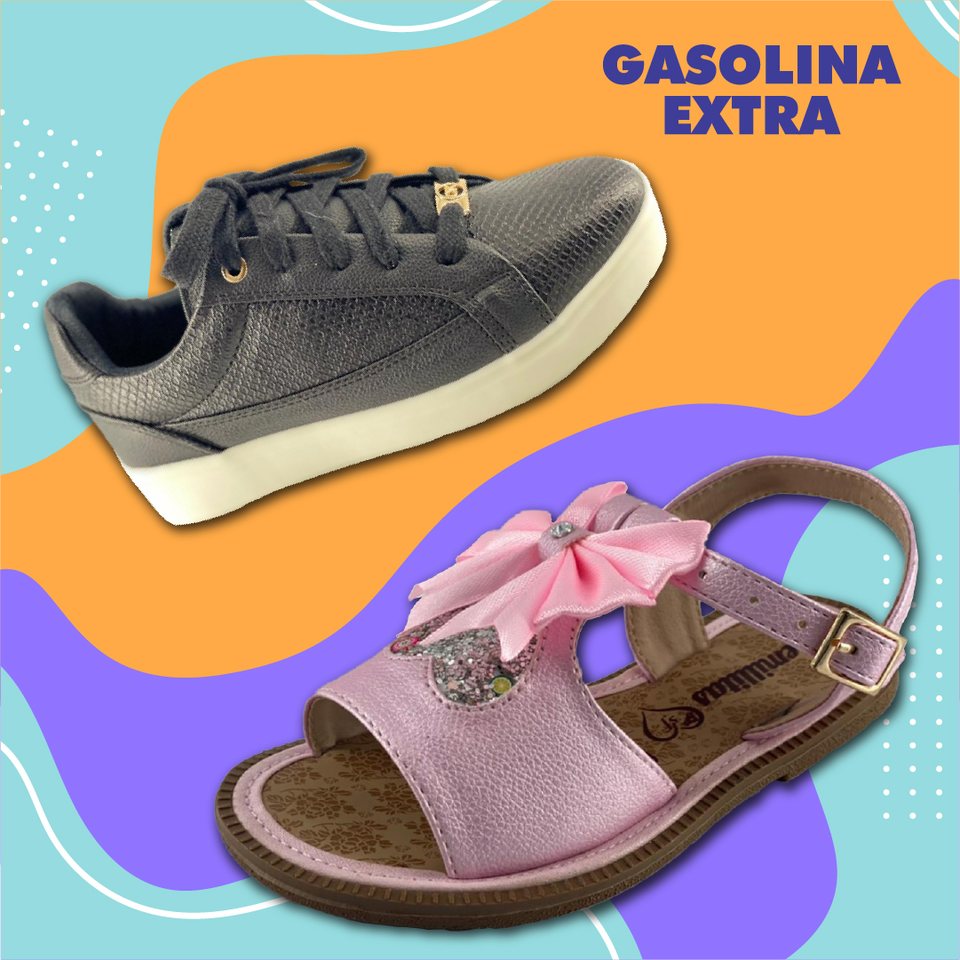 Tenis y sandalia de niña sobre manchas naranja y lila, con los círculos punteados del sistema