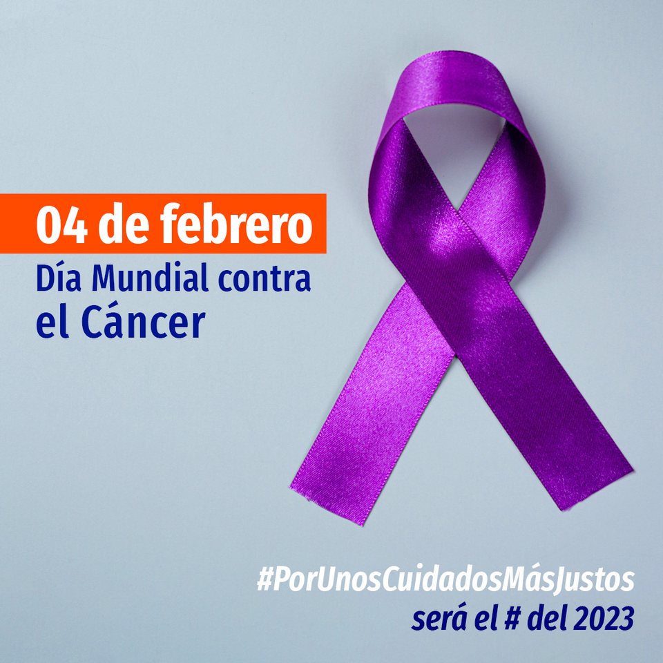 Dia Mundial contra el Cancer: lazo morado sobre fondo gris claro, con la fecha en un bloque naranja y la etiqueta de campana al pie