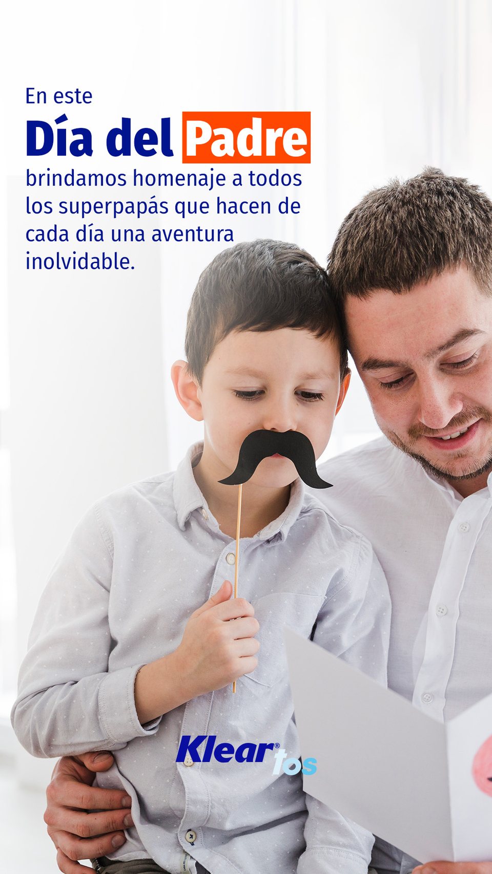 Dia del Padre en los dos formatos: en el cuadrado el texto va a la izquierda del padre y el hijo, y en la story sube a la cabecera