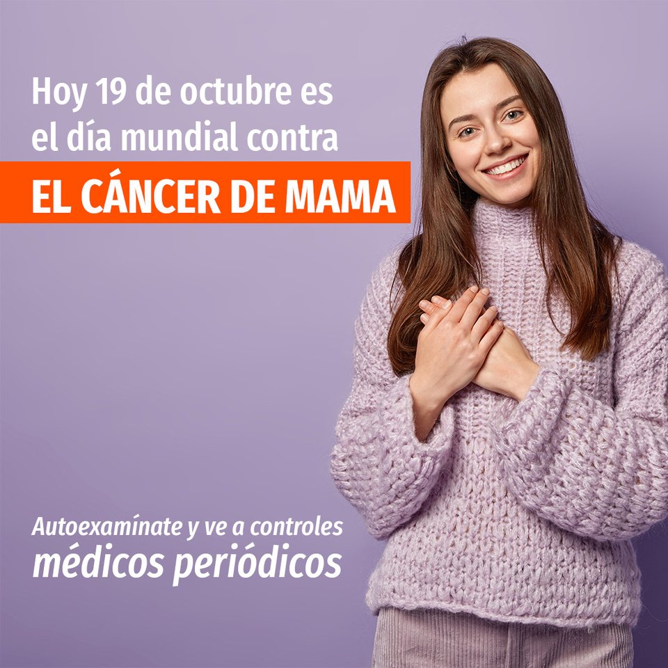 Dia mundial contra el cancer de mama: mujer de cuello alto lila sobre fondo degradado, con el mensaje en un bloque naranja