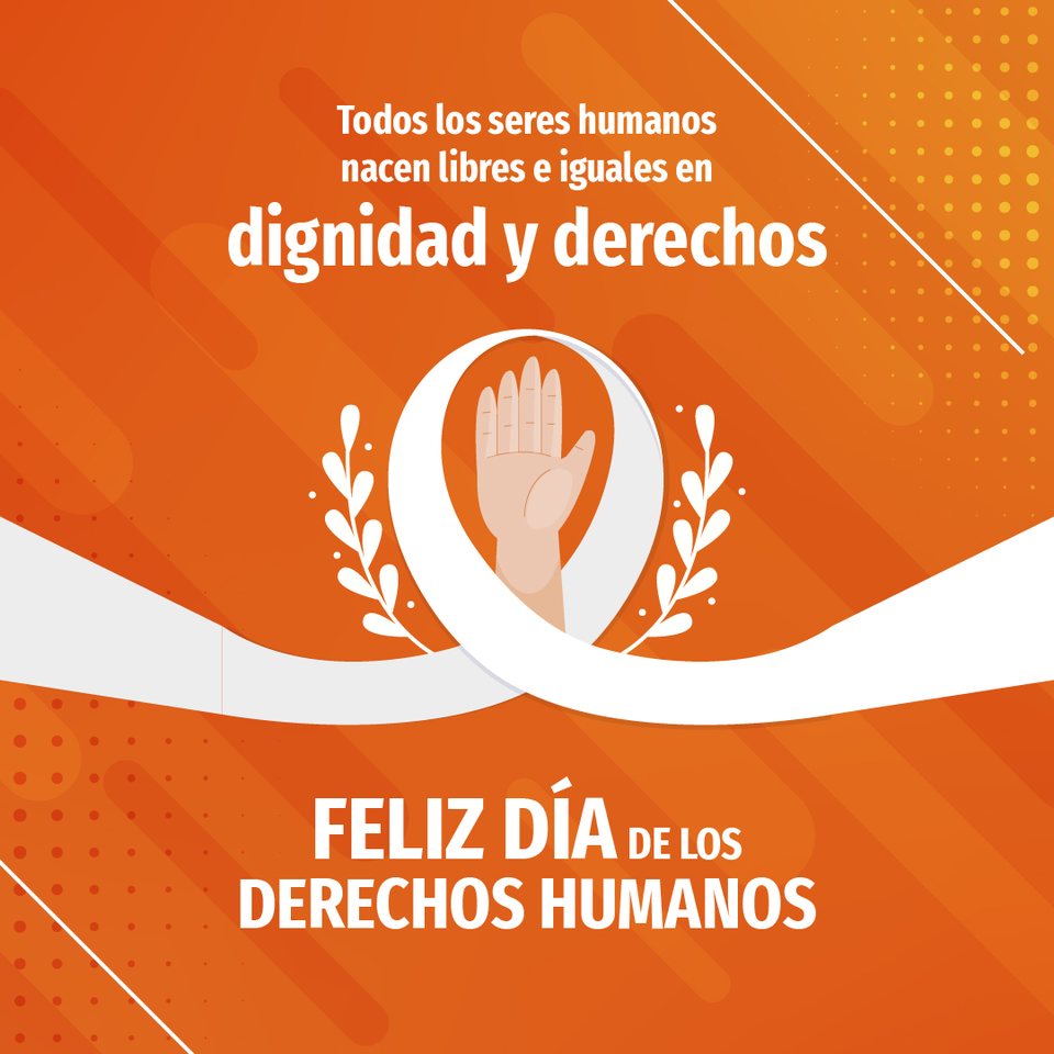 Dia de los Derechos Humanos: naranja pleno, una mano ilustrada entre dos ramas de laurel y una onda blanca partiendo la pieza