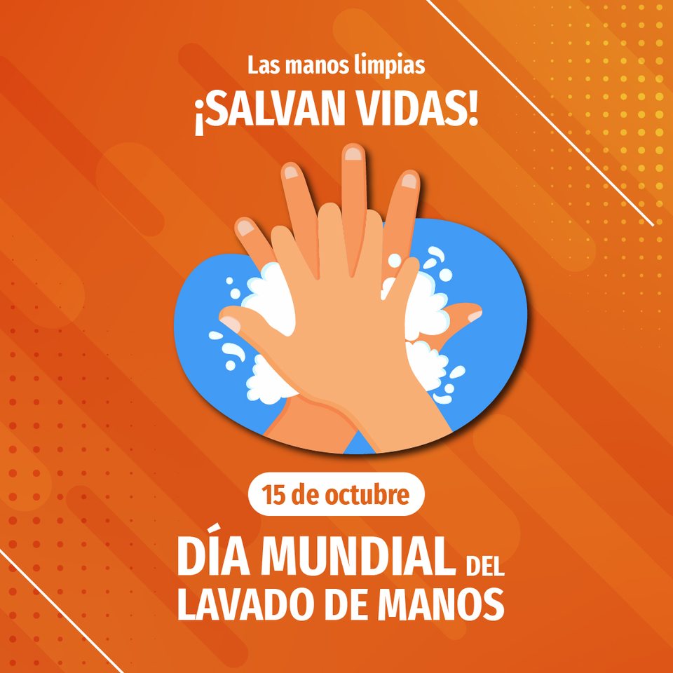 Dia Mundial del Lavado de Manos: naranja pleno con trama de puntos, dos manos ilustradas dentro de un circulo azul y la fecha en una pastilla