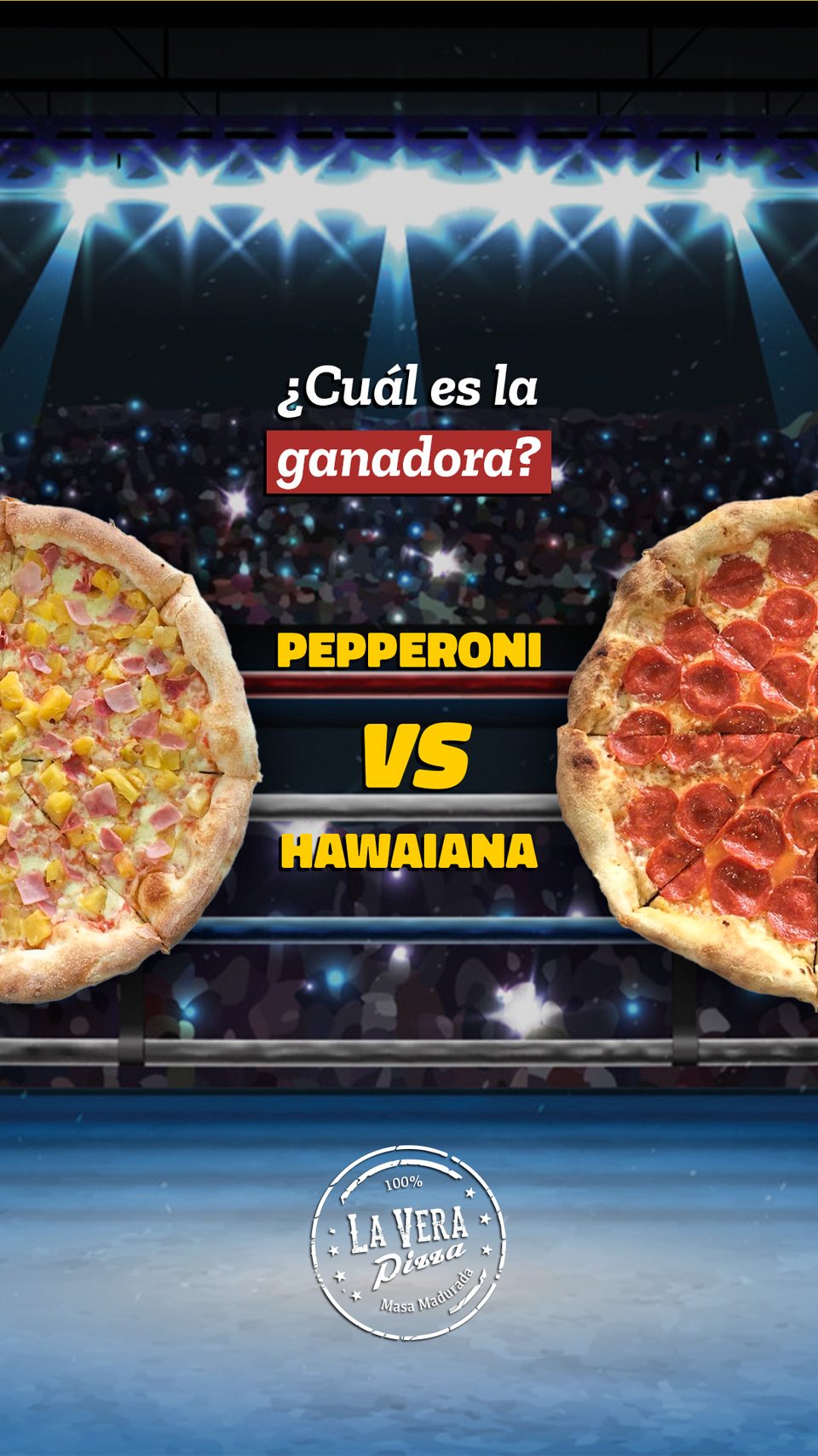 El versus pepperoni/hawaiana, recompuesto en 9:16: las dos pizzas suben y el ring queda abajo