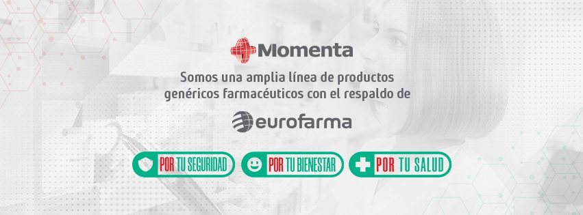 Portada de Facebook con el logotipo rojo de Momenta, el respaldo de Eurofarma y las etiquetas turquesa del sistema nuevo, todos a la vez
