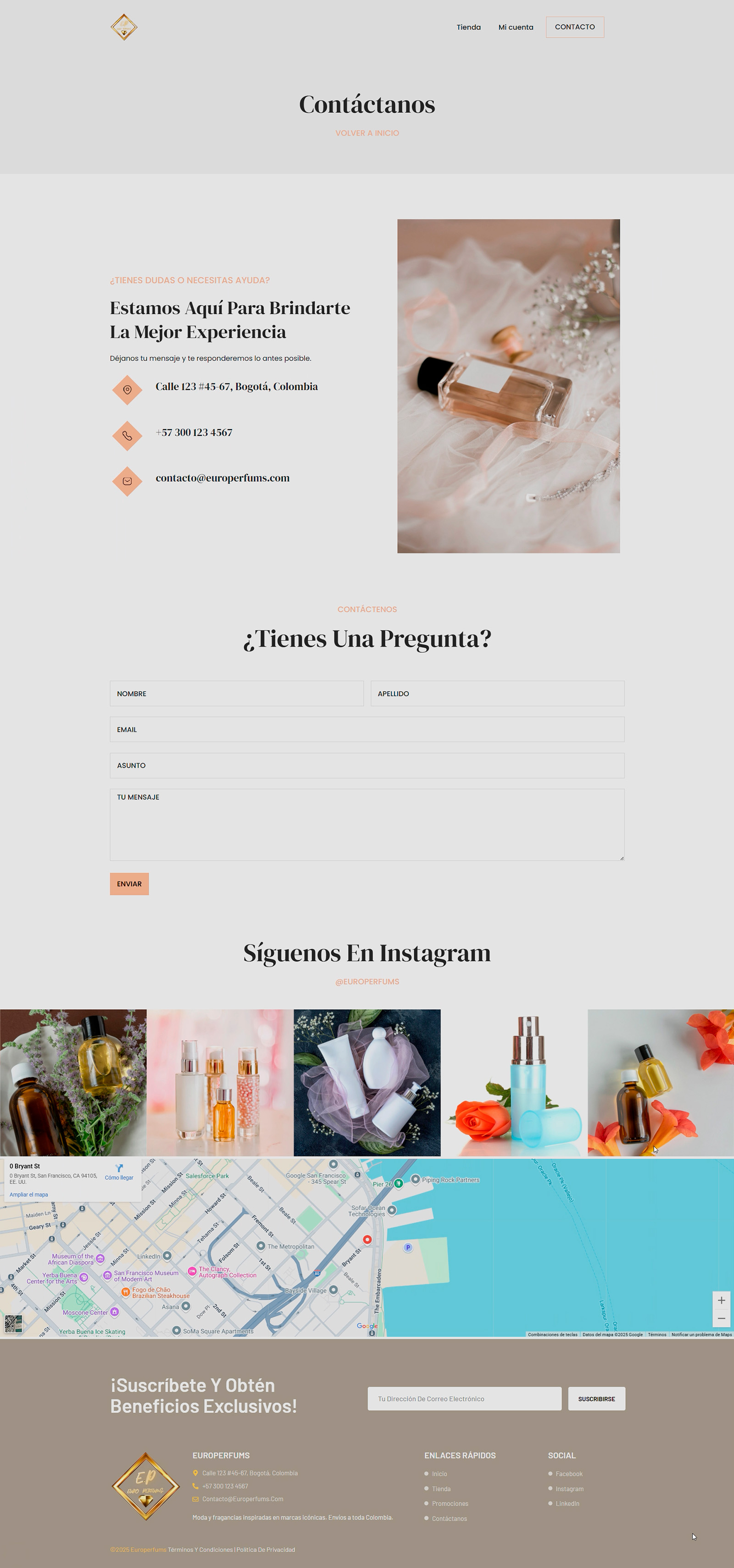 Página de contacto de Euro Perfums con formulario, datos e Instagram