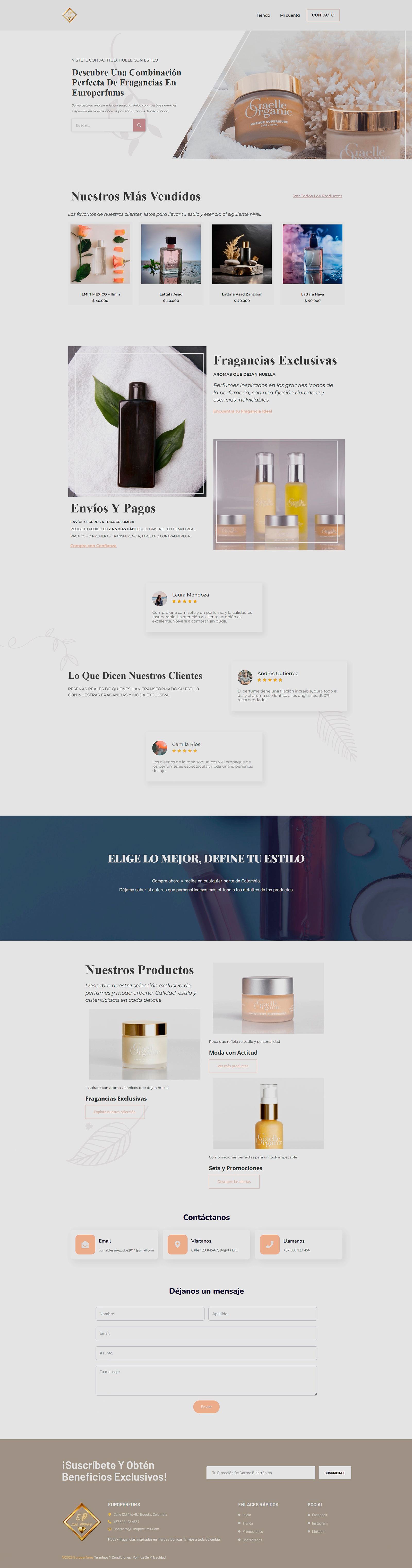 Página de inicio de la tienda Euro Perfums con banner, productos destacados y testimonios