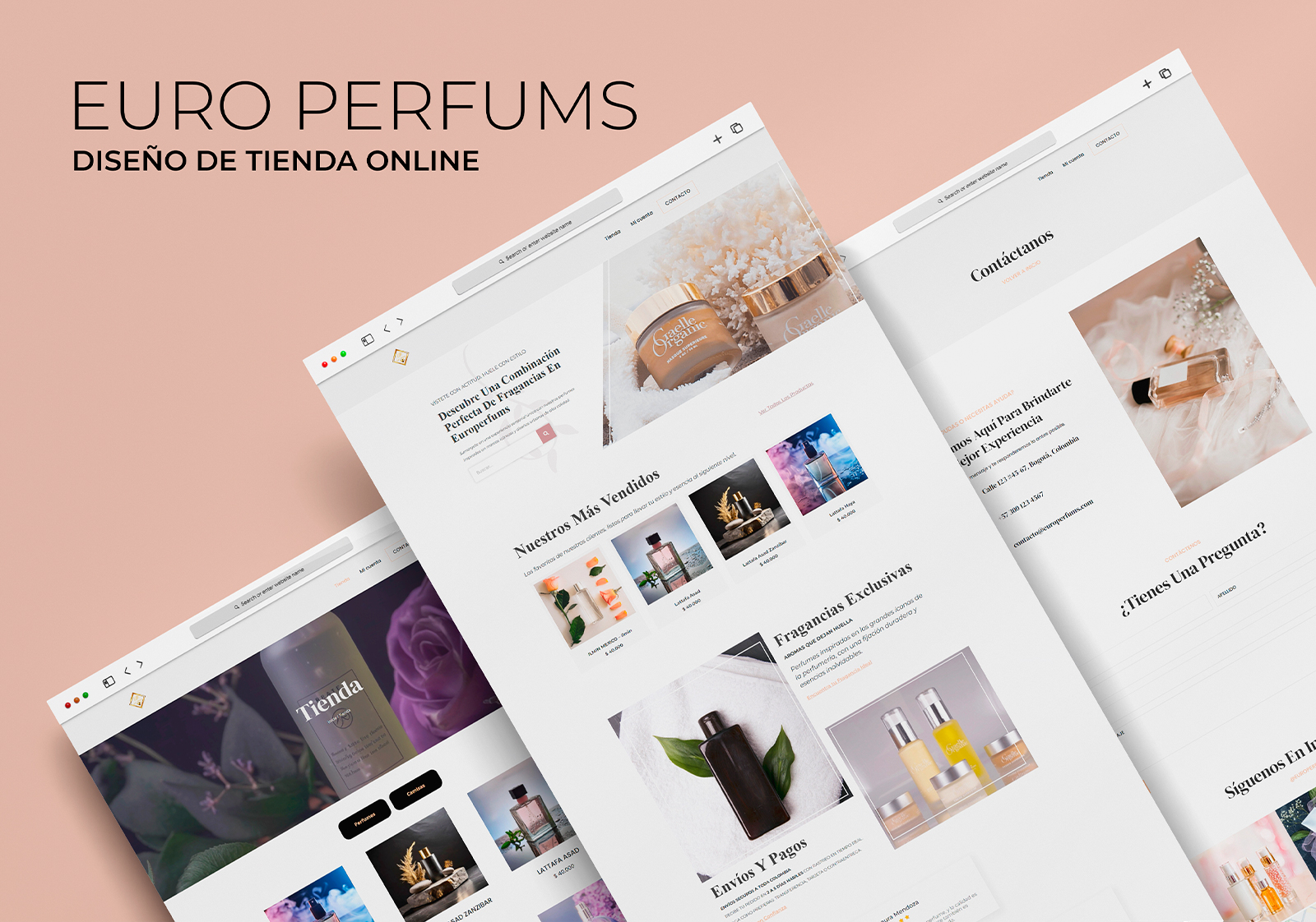 Euro Perfums — vista general del proyecto con las páginas Inicio, Tienda y Contacto