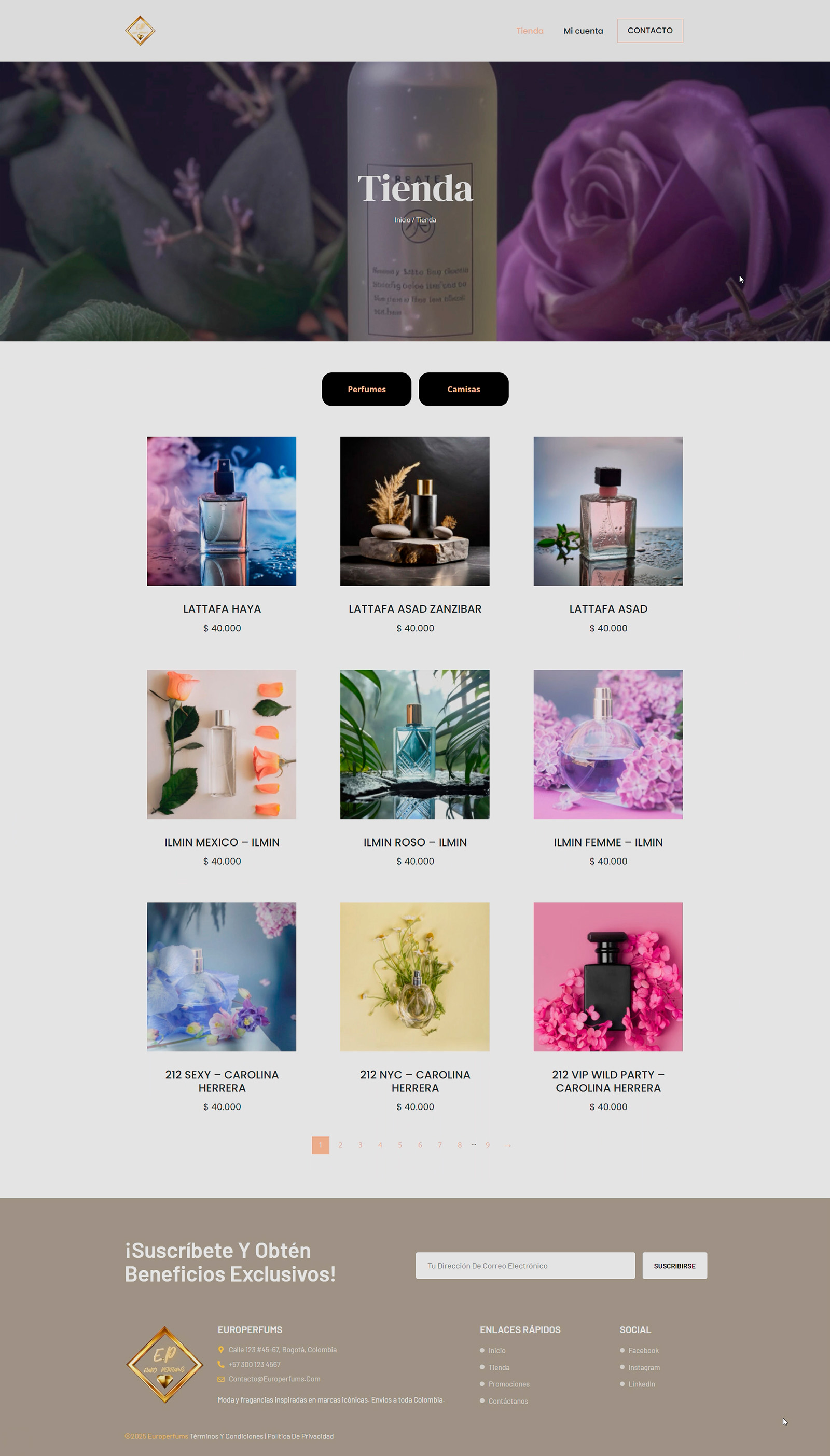 Página de tienda de Euro Perfums con grilla de productos de perfumería y filtros